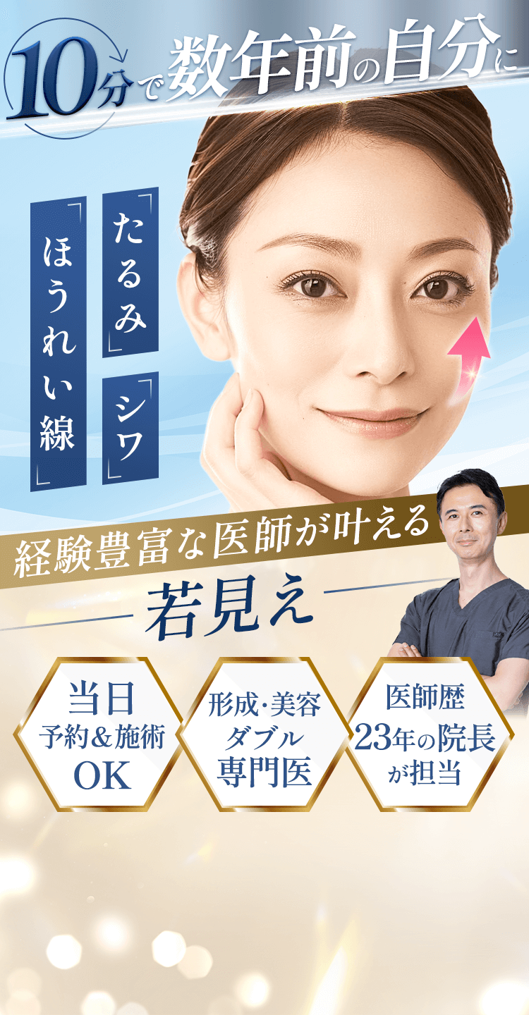 10分で数年前の自分に たるみシワほうれい線 経験豊富な医師が叶える 若見え 当日予約&施術OK 形成・美容ダブル専門医 医師歴23年の院長が担当