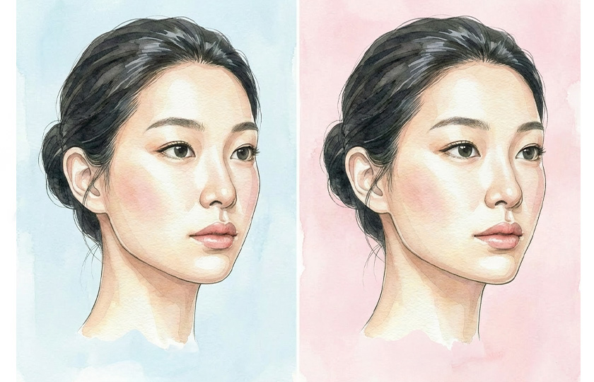 鼻筋が通っていない状態の横顔イメージと鼻筋が通った状態のイメージ