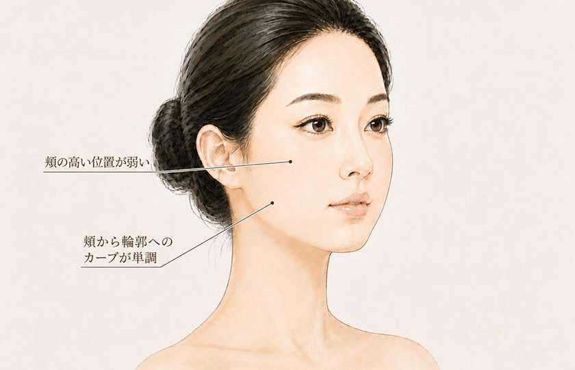 頬の高い位置が弱く、頬から輪郭へのカーブが単調に見える状態のイメージ