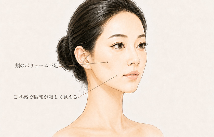 頬のボリューム不足とこけ感により輪郭が寂しく見える状態のイメージ