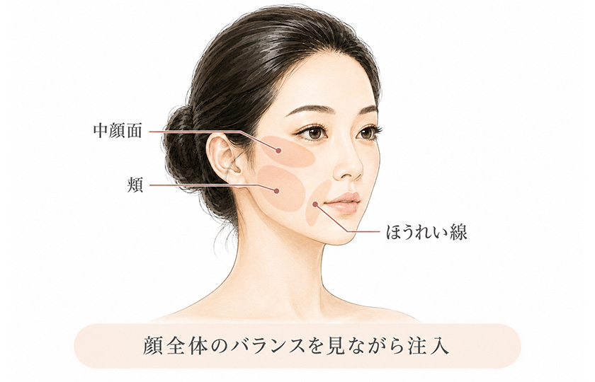 顔全体のバランスを見ながらヒアルロン酸を注入するイメージ