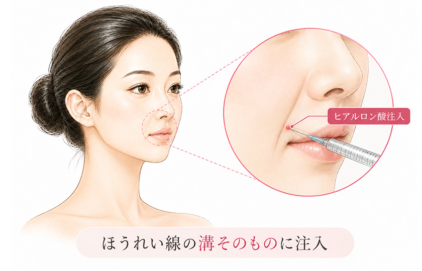 ほうれい線の溝へヒアルロン酸を注入するイメージ