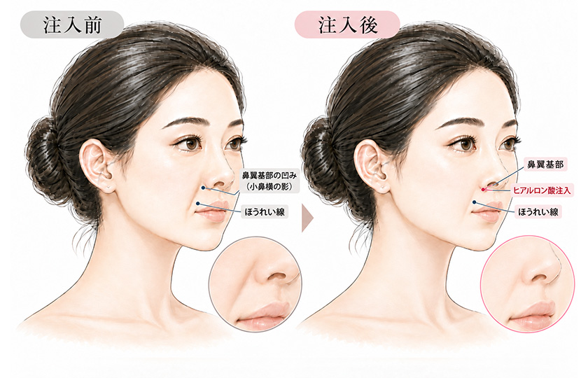 鼻翼基部へヒアルロン酸を注入したときの変化を示すイメージ