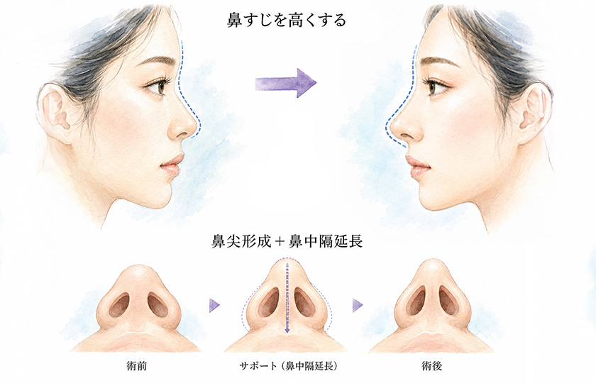 鼻TESSリフトの糸で鼻筋・鼻先を支えるイメージ