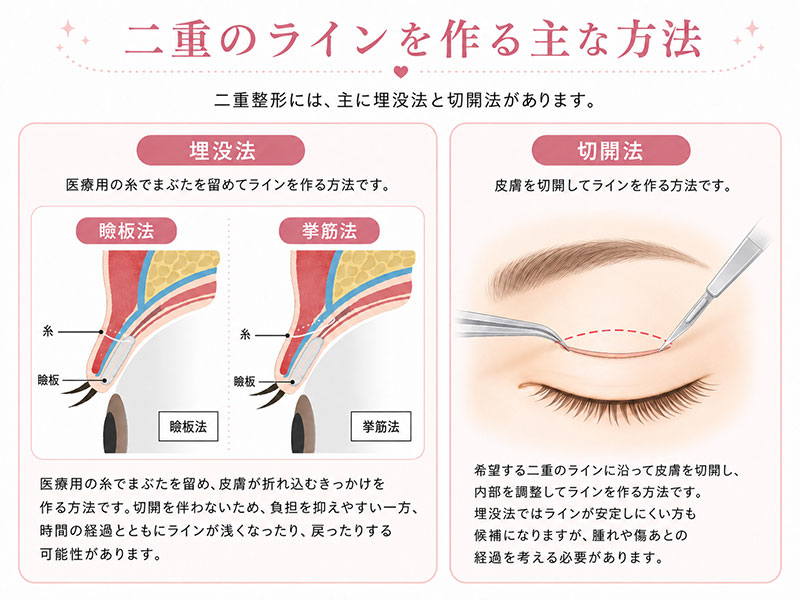 埋没法と切開法による二重整形の違いを説明したイラスト