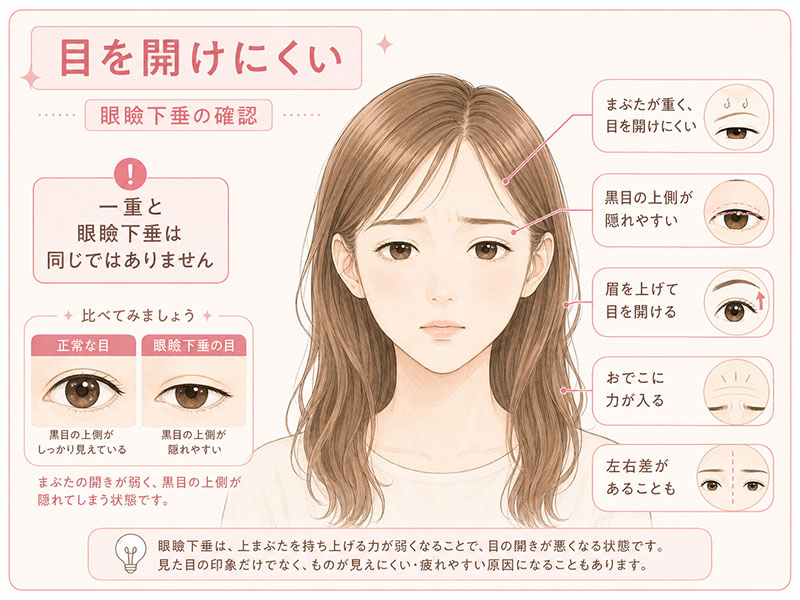 眼瞼下垂の症状や目の開き方を説明したイラスト
