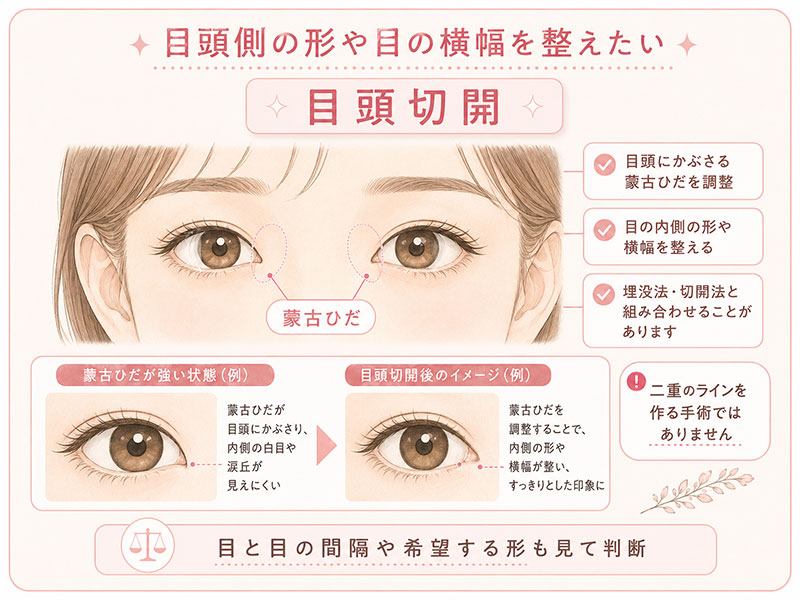 蒙古ひだと目頭切開による変化を説明したイメージイラスト