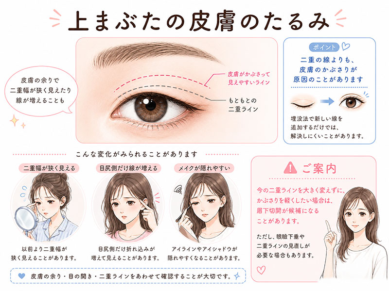 上まぶたの皮膚のたるみで、二重幅が狭く見えたり線が増えたりする原因を説明するイラスト