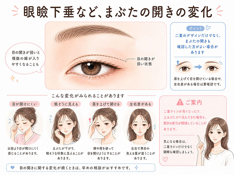 眼瞼下垂などでまぶたの開きが弱くなり、二重の線が不安定になる原因を説明するイラスト