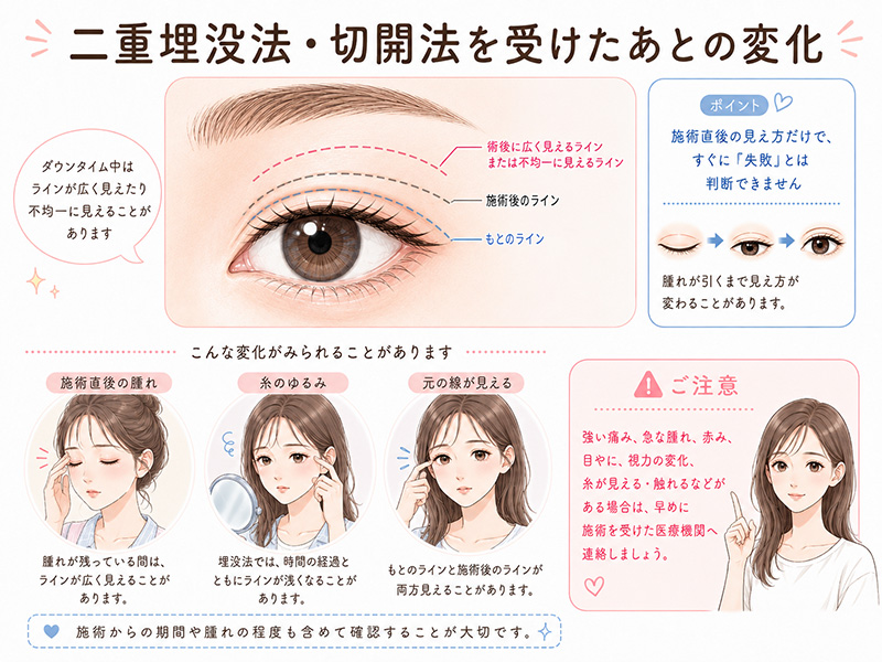 二重埋没法や切開法のあとに、腫れや糸のゆるみで二重の線が変化することを説明するイラスト
