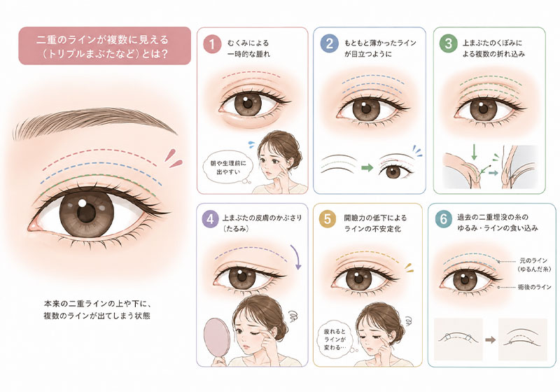 三重まぶたや多重まぶたのように見える二重の線について、むくみ、くぼみ、たるみ、眼瞼下垂、埋没法後の変化など原因の違いを説明するイラスト