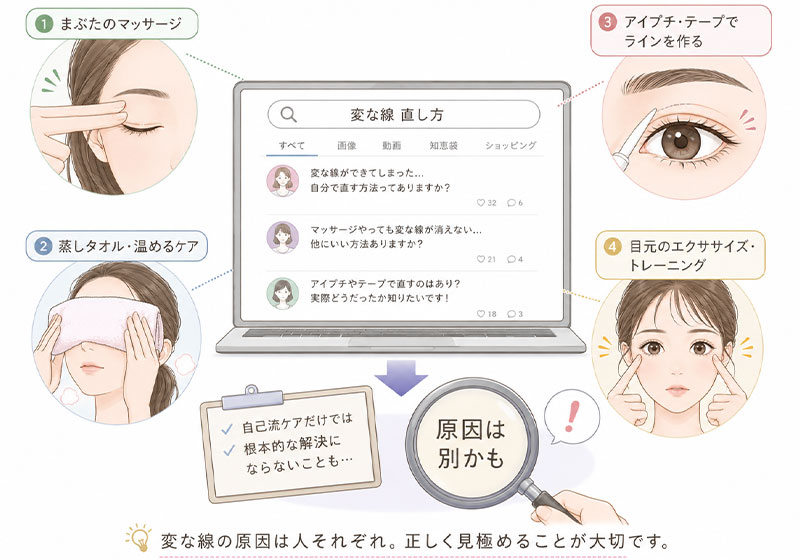 二重まぶたの変な線の直し方として検索されやすいマッサージ、蒸しタオル、アイプチ、目元の筋トレなどの自己流ケアでは、原因そのものを治せるとは限らないことを説明するイラスト