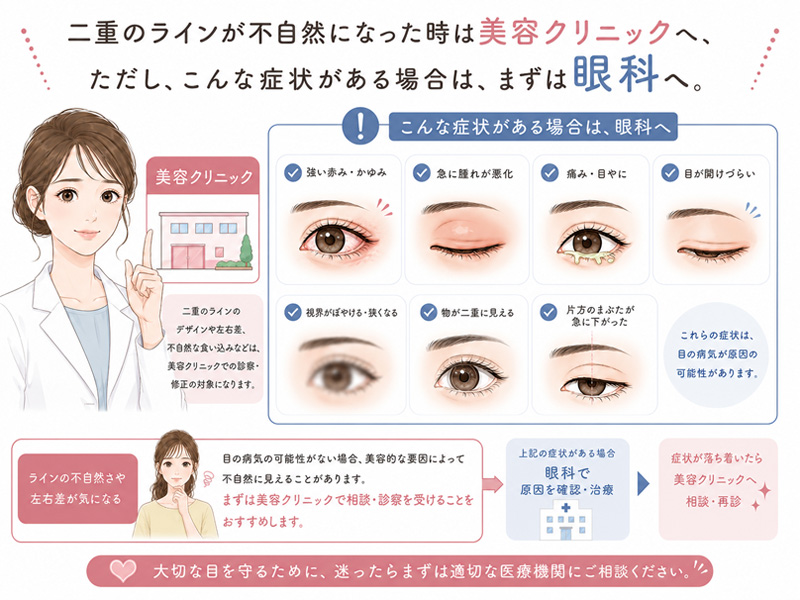 二重の線が変になったときに、赤み、かゆみ、痛み、視力の変化、まぶたの下がりなどがある場合は眼科へ相談すべきことを説明するイラスト