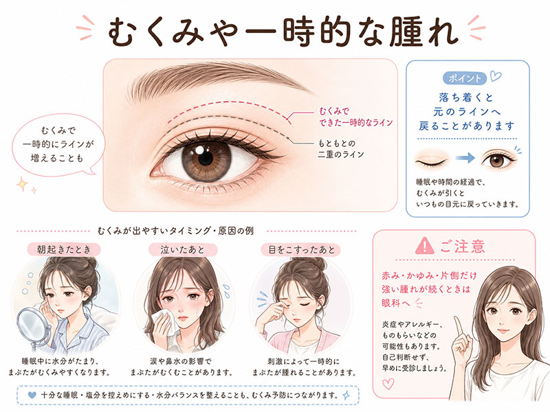 むくみや一時的な腫れで、二重まぶたの線が2本に見える原因を説明するイラスト