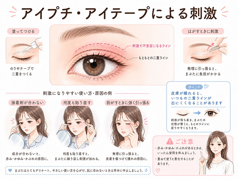 アイプチやアイテープの刺激で、二重まぶたの線が不安定になる原因を説明するイラスト