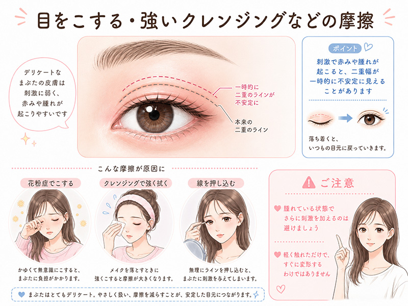 目をこする摩擦や強いクレンジングで、二重の線が変わって見える原因を説明するイラスト