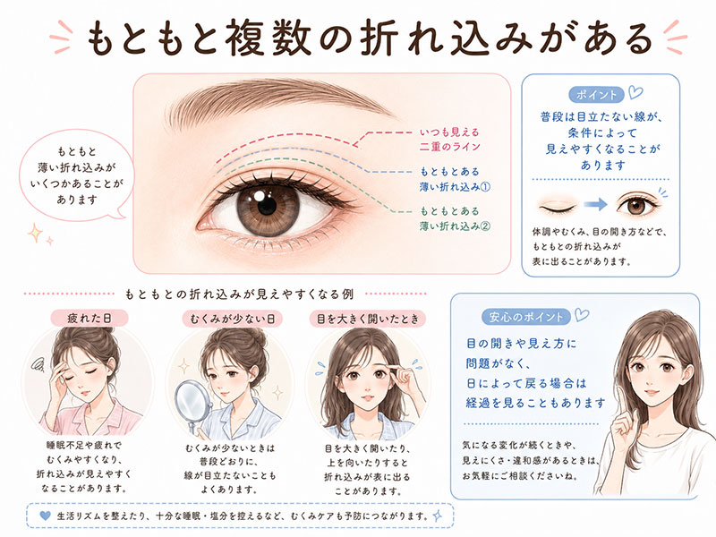 もともとある複数の折れ込みによって、二重まぶたの線が増えて見える原因を説明するイラスト