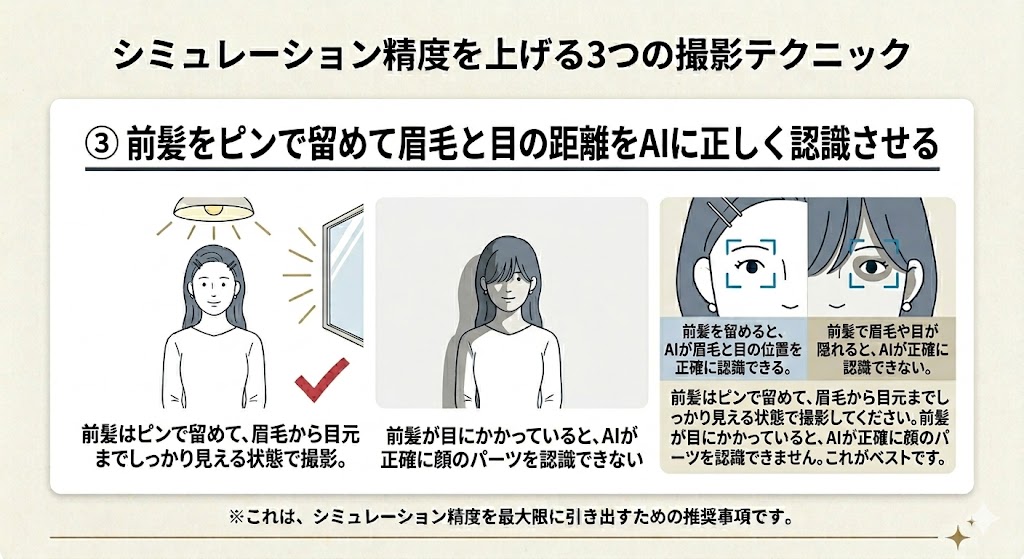 ③前髪をピンで留めて眉毛と目の距離をAIに正しく認識させる撮影テクニックの図解