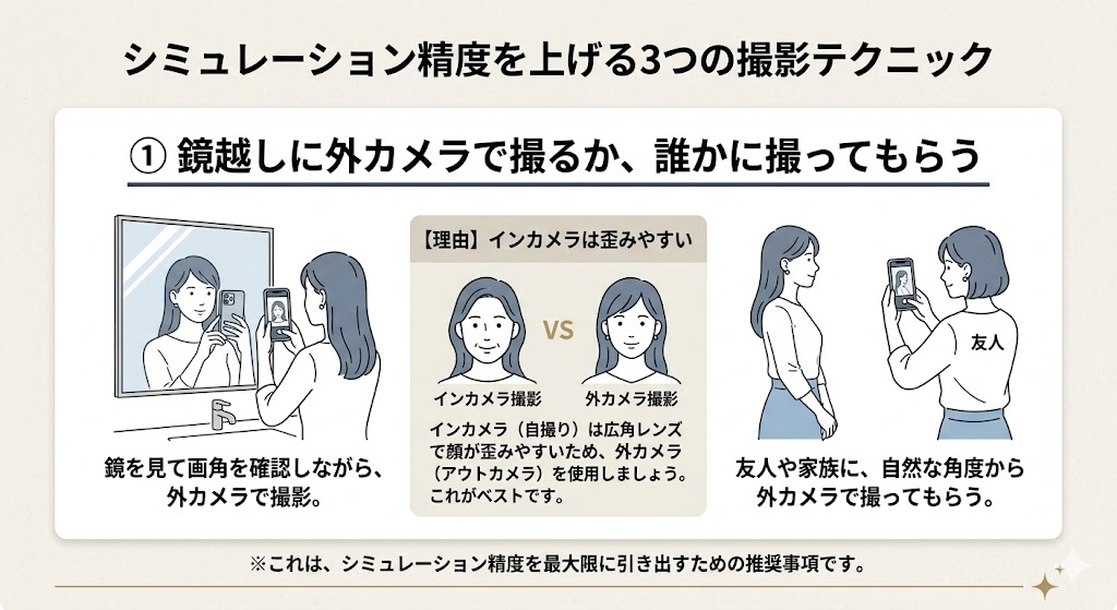 ①鏡越しに外カメラで撮るか、誰かに撮ってもらう撮影テクニックの図解