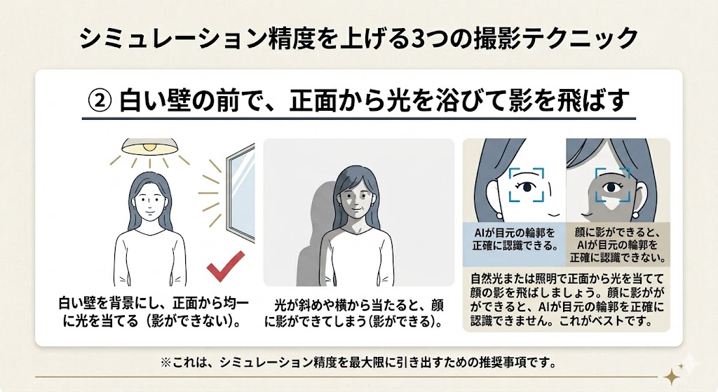 ②白い壁の前で正面から光を浴びて影を飛ばす撮影テクニックの図解